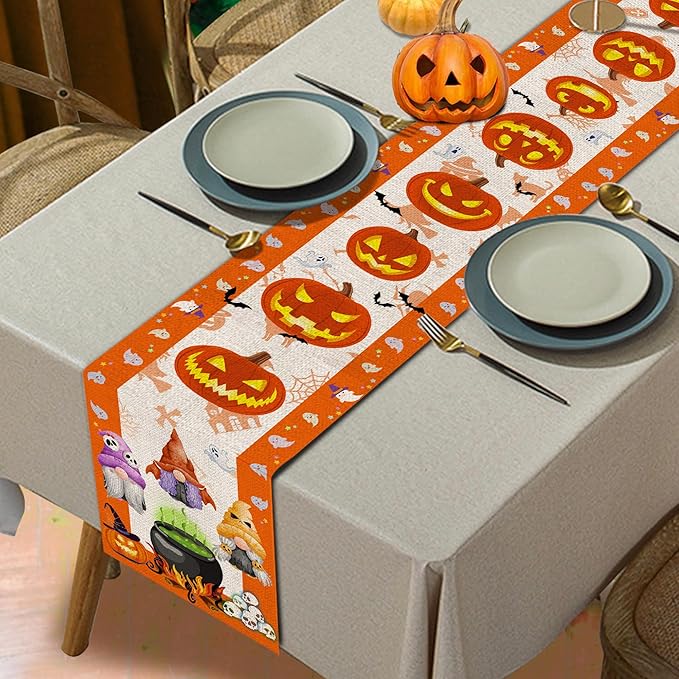 Halloween Table Runner, Halloween Table Runner 108 Inches Long, Halloween Gnomes Pumpkins Runners for Table, Black Cat Trick or Treat Decor Extra Long Burlap Runner Rug for Decorations Dining Room