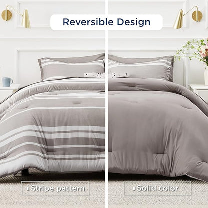 Bedsure Bed in a Bag Twin Size 5 Pieces, Warm Taupe White Striped Bedding Comforter Sets All Season Bed Set with 1 Pillow Sham, Flat Sheet, Fitted Sheet and 1 Pillowcase