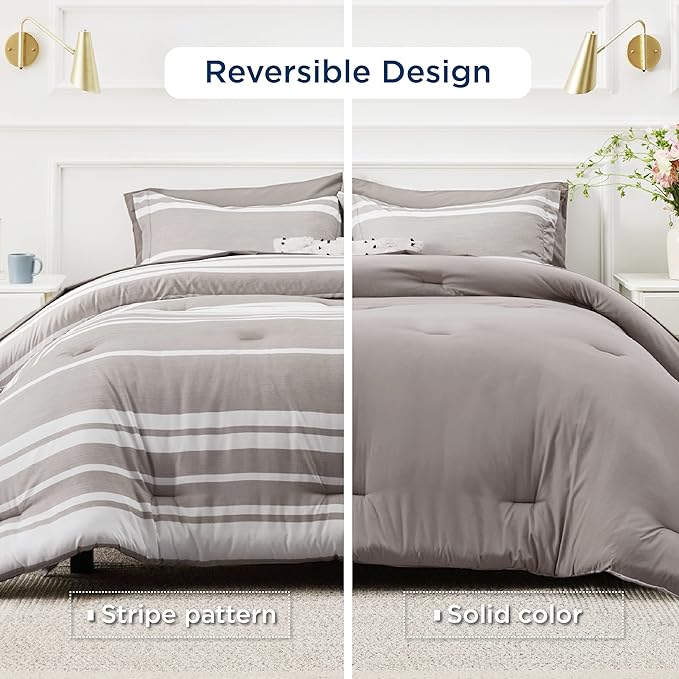 Bedsure Bed in a Bag Queen Size 7 Pieces, Warm Taupe White Striped Bedding Comforter Sets All Season Bed Set, 2 Pillow Shams, Flat Sheet, Fitted Sheet and 2 Pillowcases