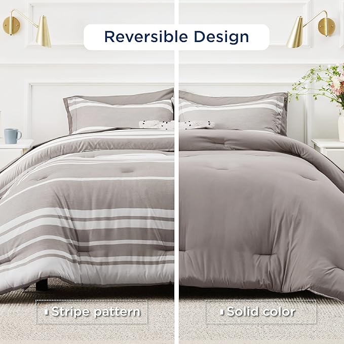 Bedsure California King Comforter Set 7 Pieces, Warm Taupe White Striped Bedding Comforter Sets All Season Bed Set, 2 Pillow Shams, Flat Sheet, Fitted Sheet and 2 Pillowcases