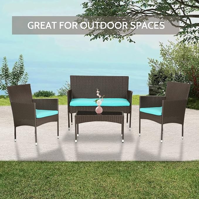FDW 4 Pieces Patio Furniture Set Wicker Patio Conversation Set with Rattan Chair Loveseats Coffee Table for Outdoor Indoor Garden Backyard Porch Poolside Balcony,Brown Wicker/Blue Cushions