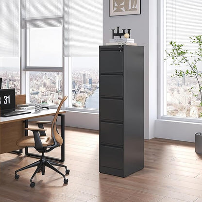 5 Drawer File Cabinet with Lock, Metal Vertical Filing Cabinets for Home Office, Steel Storage Cabinet for Hanging Legal/Letter Size Files, Assembly Required (Black)