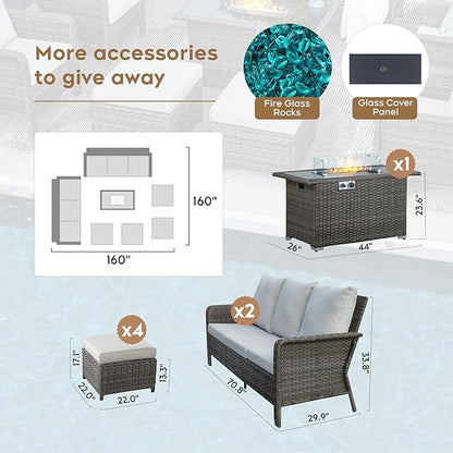 Yechen Patio Conversation Set 10 Seats with 44" Propane Gas Fire Pit Table - 7 Pcs Outdoor Wicker Furniture Set with Lid & Wind Shields - Sectional Sofa Set for Porch,Backyard