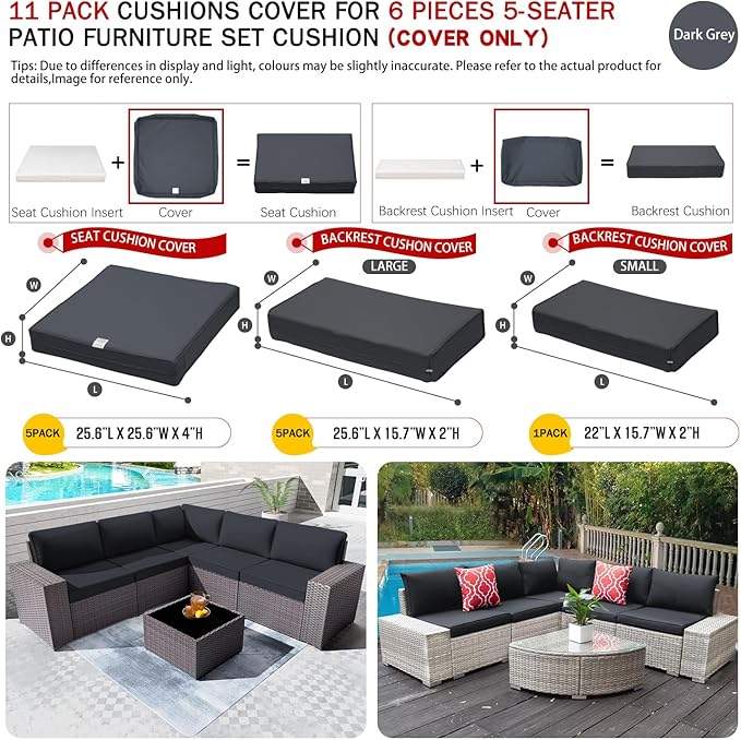 ClawsCover 11Pack Outdoor Seat and Back Cushions Replacement Covers Fit for 5-Seater 6Pieces Wicker Rattan Patio Furniture Conversation Set Sectional Couch Chairs,Dark Gray-Included Cover Only