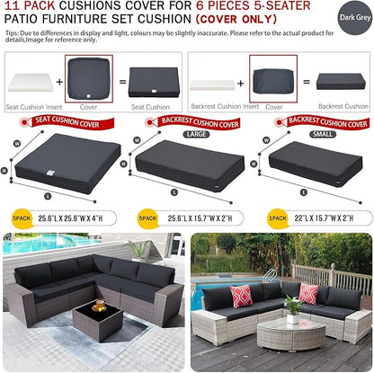 ClawsCover 11Pack Outdoor Seat and Back Cushions Replacement Covers Fit for 5-Seater 6Pieces Wicker Rattan Patio Furniture Conversation Set Sectional Couch Chairs,Dark Gray-Included Cover Only