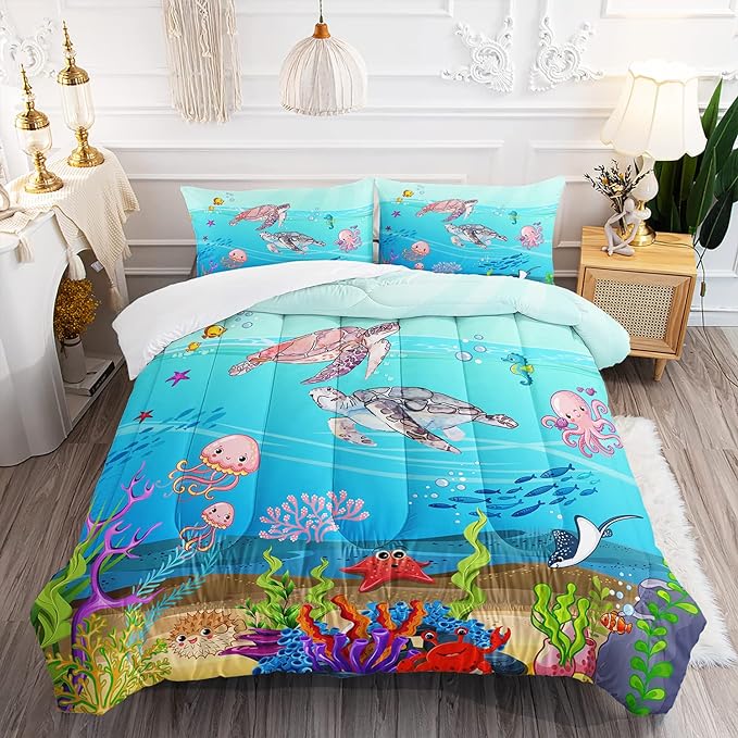 Turtle Comforter Set Full Ocean Watercolor Sea Turtle Bedding Set Tropical Fish Marine Life Bed Set with 2 Pillowcases for Kids Room Decor