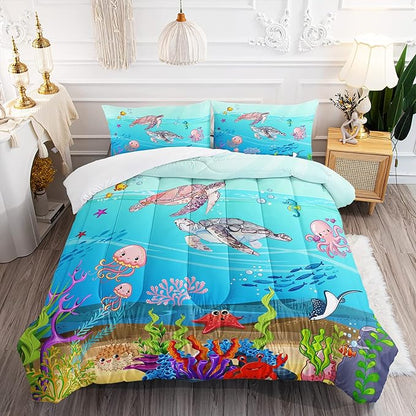 Turtle Comforter Set Full Ocean Watercolor Sea Turtle Bedding Set Tropical Fish Marine Life Bed Set with 2 Pillowcases for Kids Room Decor