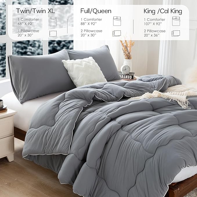 COTTEBED Ultra-Soft Winter King Size Comforter Set, Warm California Cal King Thick Milk Cup Cozy Fully Breathable Bedding 1 Down Alternative with 2 Pillowcase for Winter, Dark Gray