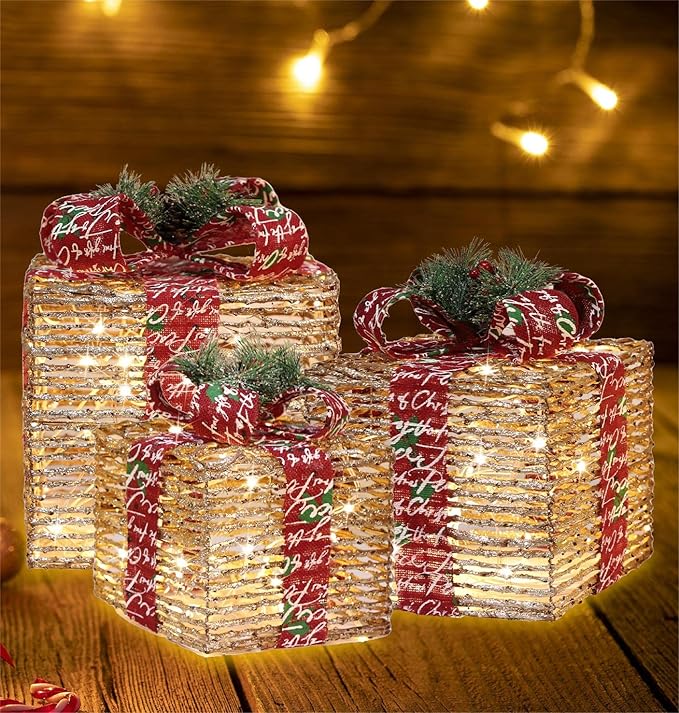 [Ultra-Large 15.5"x13.5"x11" Christmas Set of 3 Lighted Rattan Gift Boxes Decorations Pre-lit 91 Super-Bright LED with Flashers,for Indoor Outdoor Pathway Holiday Party Home(Warm White)