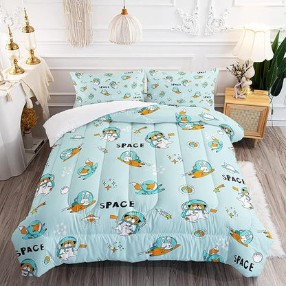 Kawaii Dog Rabbit Fox Comforter Set 3 Pieces Universe Galaxy Outer Space Bedding Set Astronaut Rocket Bed Quilt Set for Girls Boys Kids Blue