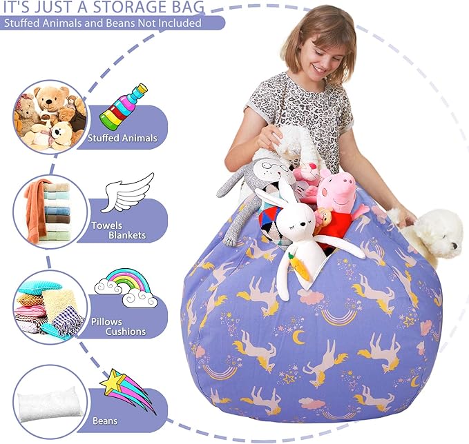 Aubliss Stuffed Animal Bean Bag Storage Chair (Light Blue Unicorn, Large (38''))