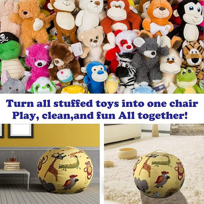 Stuffed Animal Storage Bean Bag Chairs Toy Storage Organizer Bean Bags Chair Cover for Kids 24" Cotton Canvas Beanbag with Zipper for Organizing Kid's and Adults Room, Animal pattern
