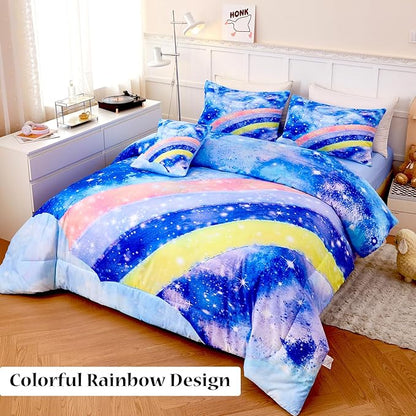 Tie Dye Queen Comforter Sets for Girls 6 Pieces Glitter Rainbow Bed in A Bag for Kids Gradient Galaxy Bed Set Soft Lightweight Colorful Bedding Set for All Season