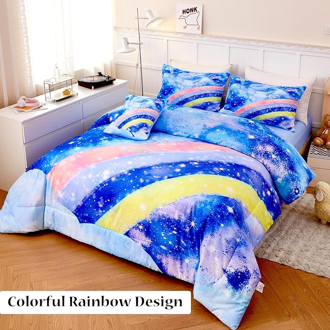 6Pcs Rainbow Girls Comforter Sets Full Size Blue Tie Dye Bed in A Bag for Kids/Teens Sparkle Galaxy Bedding Comforter Set Soft Lightweight Girls Bedding Sets for All Season
