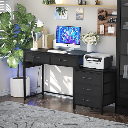 Computer Desk with 5 Drawers, Reversible Office Desk with Power Outlets and USB Charging Ports, Sturdy Writing Table with File Cabinet and Printer Stand, Laptop Desk for Small Spaces, Black