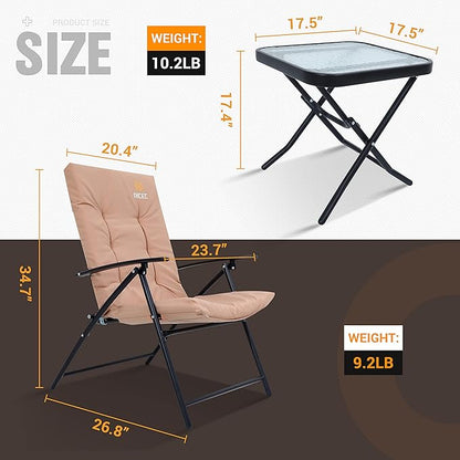 Nice C Outdoor Dining Sets, Patio Furniture Set, 8 Piece Set with Umbrella, Garden Outdoor Furniture Table Set with Tilted Removable Umbrella, Glass Table, and 6 Folding Chairs (Nude-3 Piece)