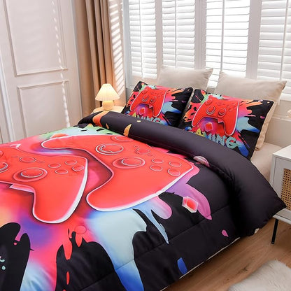 Aimuan Gaming Comforter Sets for Boys Kids Bedding Sets Video Games Console Action Buttons Novelty Colorful Game Gamepad Controller Modern Gamer Room Decor Home Quilt Set (Full, Black)