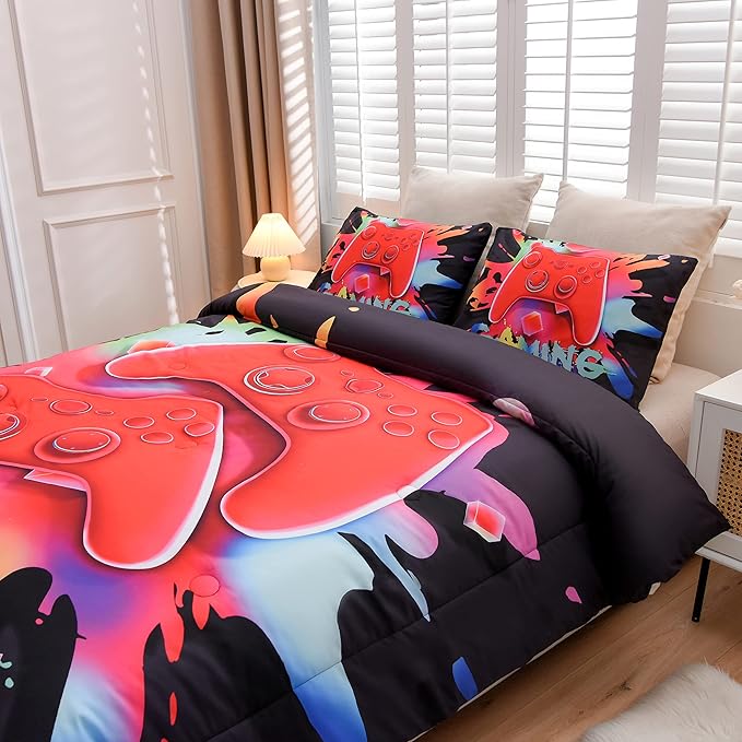 Aimuan Gaming Comforter Sets for Boys Kids Bedding Sets Video Games Console Action Buttons Novelty Colorful Game Gamepad Controller Modern Gamer Room Decor Home Quilt Set (Queen, Black)