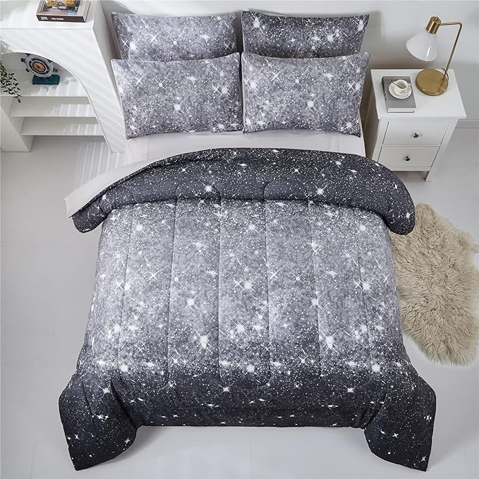 Grey Glitter Comforter Set Twin Size for Boys Teen, Sparkle Galaxy Twinkle Starlight Comforter for Kids Adult, 2 Piece Black Grey Ombre Bedding Set with 1 Pillow Case(Grey,Twin)