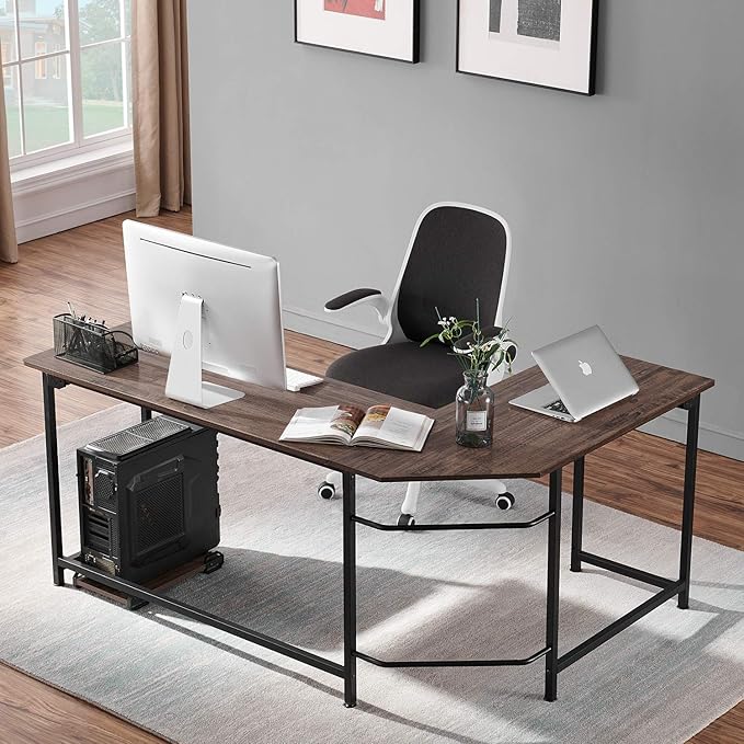 VECELO L Shaped Computer Corner Desk with CPU Stand/PC Laptop Study Writing Table for Home Office Workstation Wood & Metal, 66 in, Coffee + Black Leg