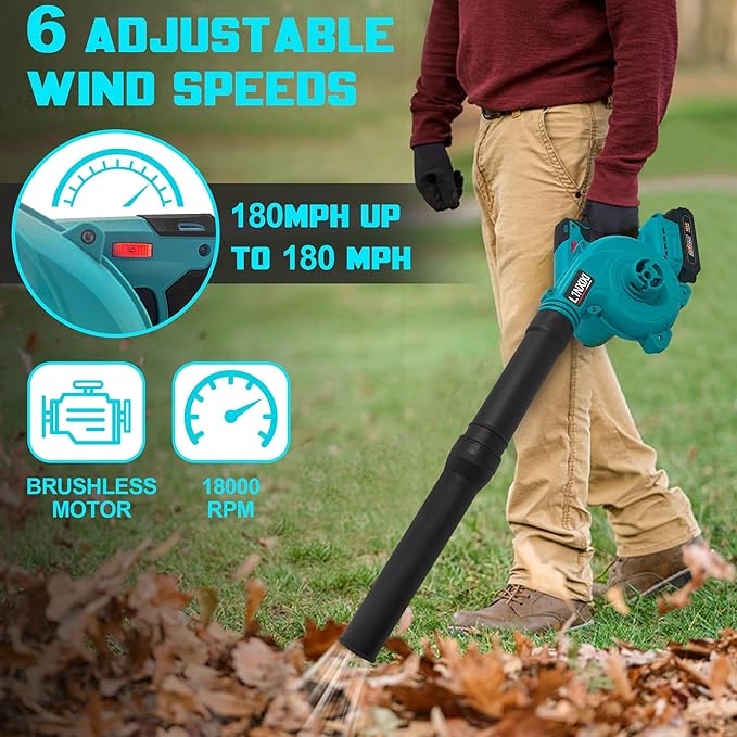 Cordless Leaf Blower for Makita 18V Battery,Electric Jobsite Air Blower with Brushless Motor,6 Variable Speed Up to 180MPH,2-in-1 Handle Electric Blower and Vacuum Cleaner(Only Tools)