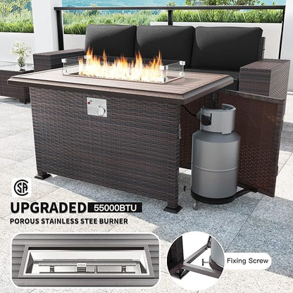 Kullavik 7 Pieces Outdoor Patio Furniture Set with 43" 55000BTU Gas Propane Fire Pit Table PE Wicker Rattan Sectional Sofa Patio Conversation Sets