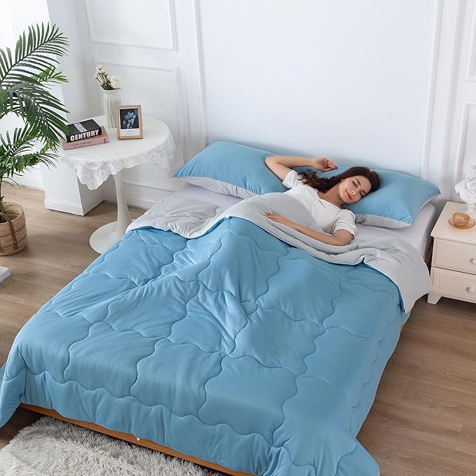 COTTEBED Blue and Grey KING Sized Bed Down Comforters Set, Jersey Knit Milk Cup Dual-Sided Reversible Softness Breathable Lightweight California King Bedding Alternative Quilt & Pillowsham All Seasons