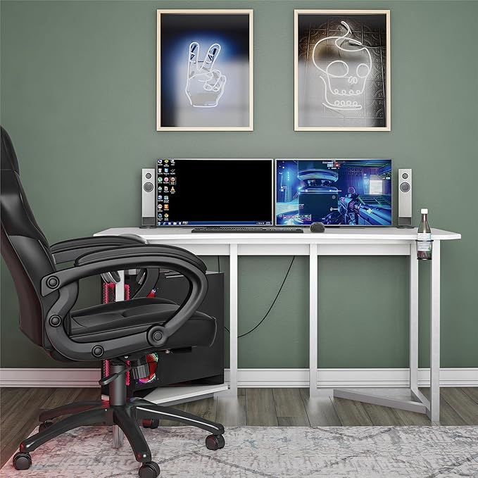 Quest Gaming Desk with CPU Stand, White