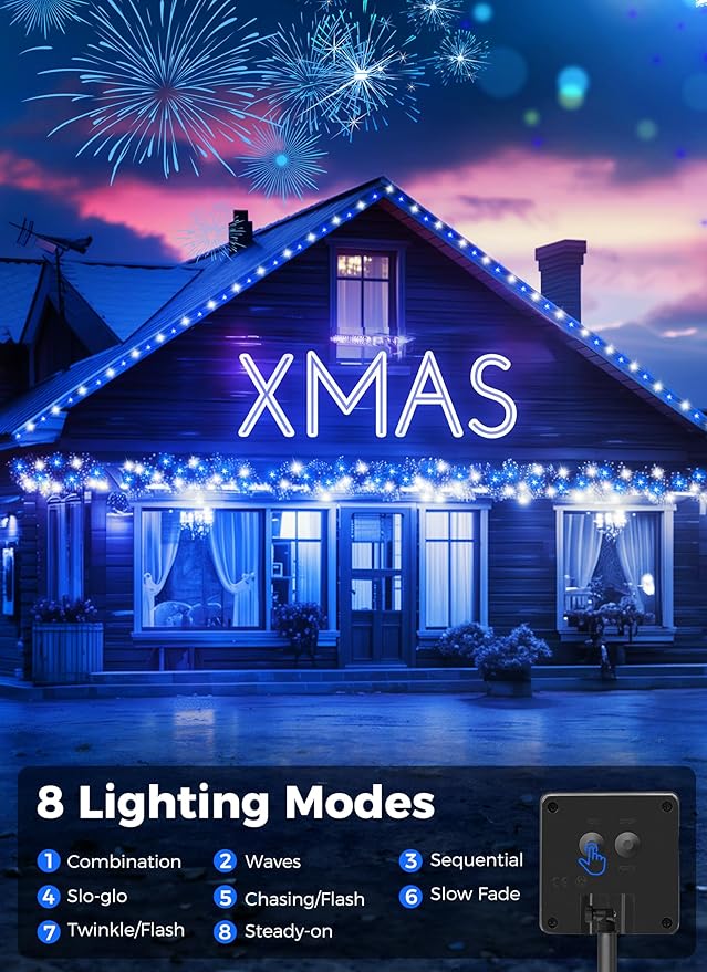 Minetom Solar Christmas Lights Outdoor Waterproof, 40FT 100 LED Solar Lights with 8 Modes, Solar Christmas Outdoor Decoration, Solar String Lights for Outside House Tree Party Yard, Blue& Pure White