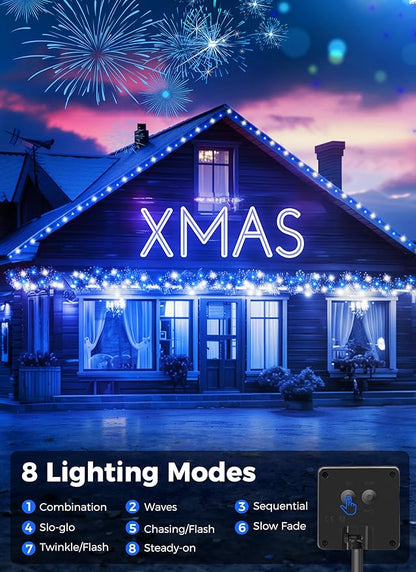 Minetom Solar Christmas Lights Outdoor Waterproof, 40FT 100 LED Solar Lights with 8 Modes, Solar Christmas Outdoor Decoration, Solar String Lights for Outside House Tree Party Yard, Blue& Pure White