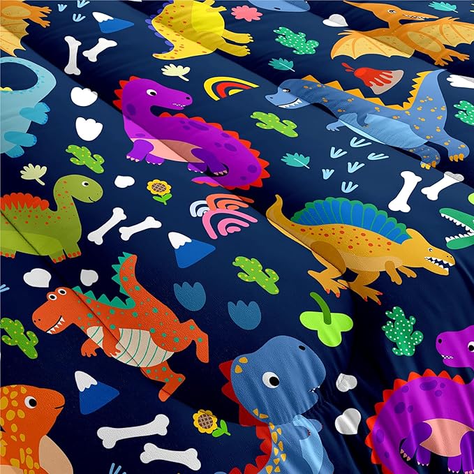 Dinosaur Comforter Set Queen - Cartoon Dinosaur Bedding Boys Comforter Set Soft Breathable Blue Dinosaur Quilt Kids Queen Size Bedding Set for All Season, 1 Comforter 2 Pillowcase
