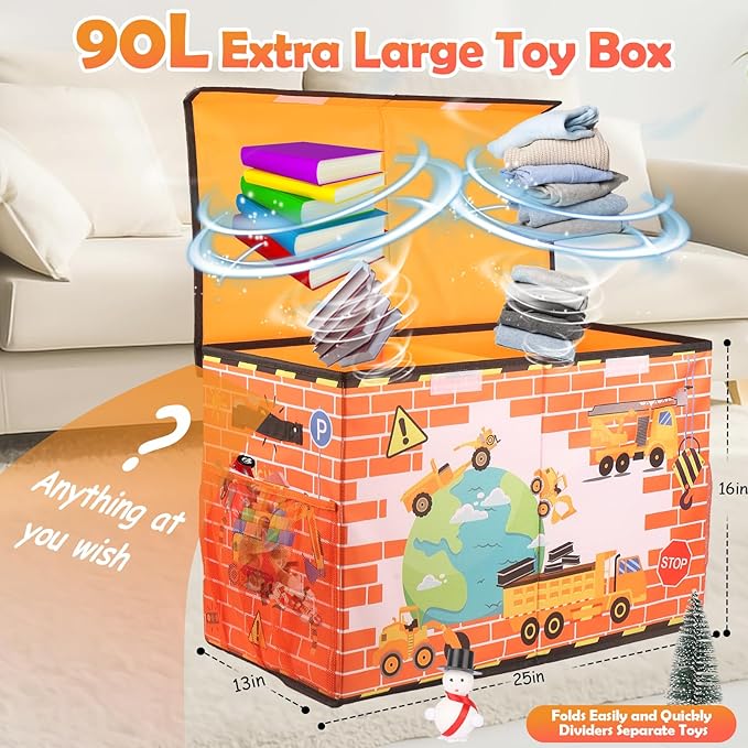 Large Toy Box Chest, Collapsible Sturdy Toy Storage Organizer for Kids, Boys, Girls, 25"x13"x16" Toy Chest Storage Bins with Lids Toy Bins Baskets Boxes for Living Room, Playroom, Nursery, Orange