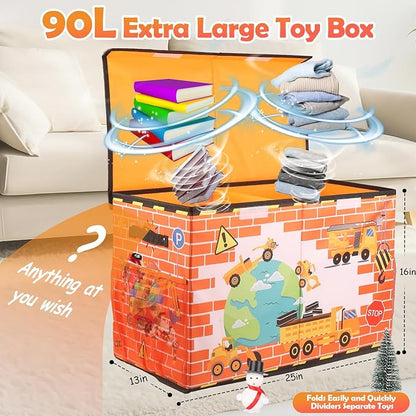 Large Toy Box Chest, Collapsible Sturdy Toy Storage Organizer for Kids, Boys, Girls, 25"x13"x16" Toy Chest Storage Bins with Lids Toy Bins Baskets Boxes for Living Room, Playroom, Nursery, Orange
