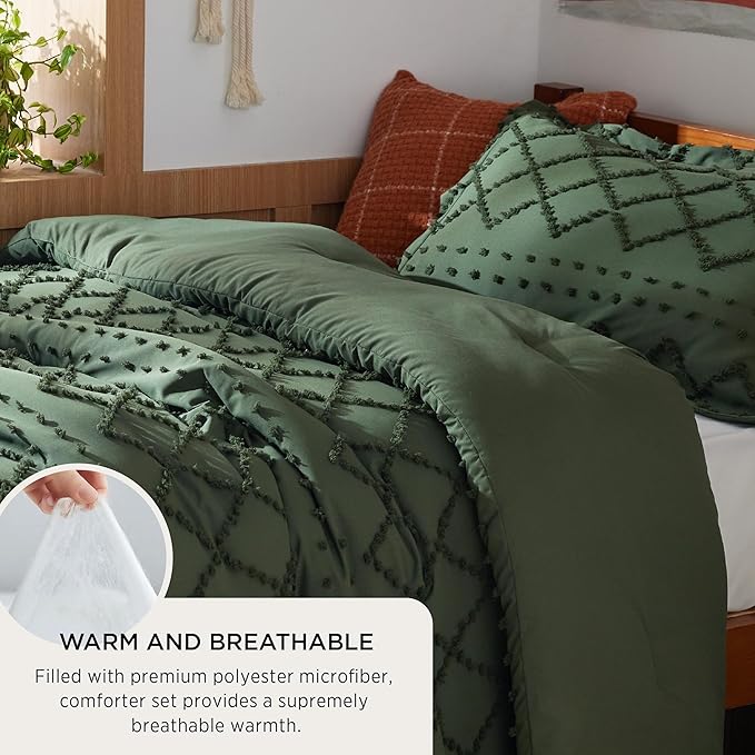 Bedsure Twin/Twin XL Comforter Set - Olive Green Boho Twin Extra Long Comforter Set for College, Shabby Chic Dorm Bedding Set, 2 Pieces Modern Farmhouse Bed Set, includes 1 Pillow Sham