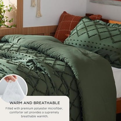 Bedsure Twin/Twin XL Comforter Set - Olive Green Boho Twin Extra Long Comforter Set for College, Shabby Chic Dorm Bedding Set, 2 Pieces Modern Farmhouse Bed Set, includes 1 Pillow Sham