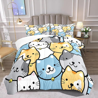 Cat Comforter Set - Cute Cat Comforter - Full Size Comforter Set for Kids Kawaii Cat Bedding Set Cartoon Cat Print Bedding Sets for Girls Room Kids Cat Quilt Sets with 2 Pillowcases