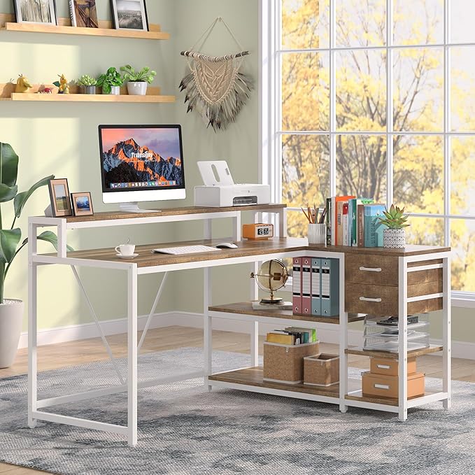 Reversible L-Shaped Computer Desk with hutch & Shelf,white