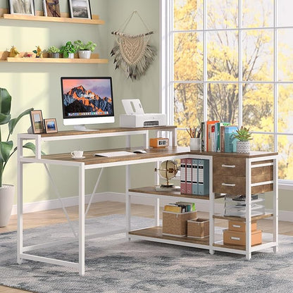 Reversible L-Shaped Computer Desk with hutch & Shelf,white
