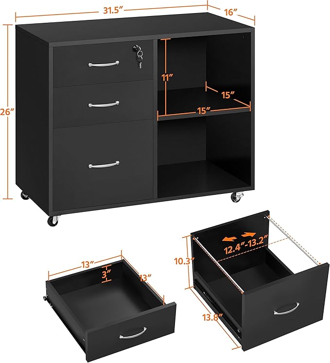Yaheetech Black File Cabinet with Lock for Letter, A4 Size,3 Drawer Lateral Filing Cabinet Printer Stand with Open Storage Compartments,Mobile Filing Cabinet for Home Office, Black