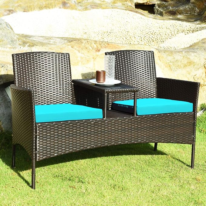 LUARANE Outdoor Rattan Sofas, Contract Patio Conversation Set Wicker Sofa Set with Built-in Coffee Table, Patio Furniture Set with Cushions, Rattan Loveseat for Lawn Backyard Garden (Brown+Blue)