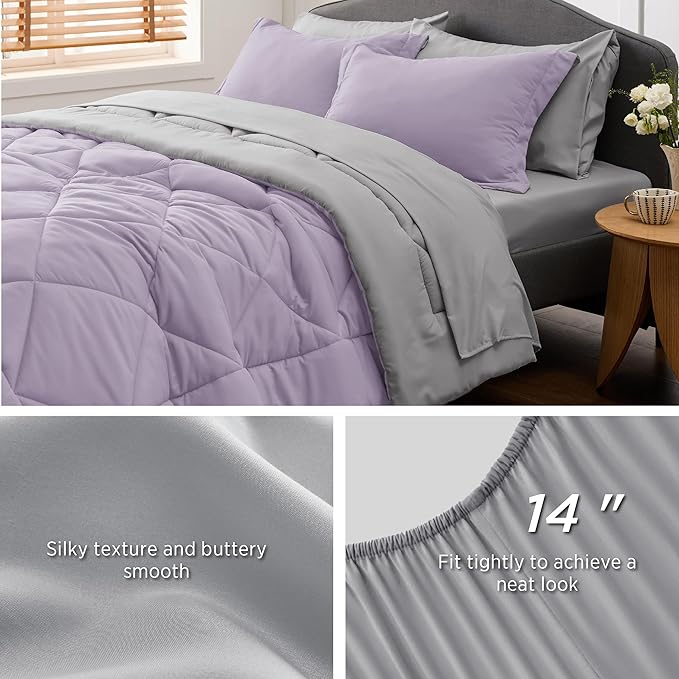 Bedsure Light Purple King Size Comforter Set - 7 Pieces Reversible King Bed in a Bag, King Bed Set Light Purple and Grey with Comforters, Sheets, Pillowcases & Shams