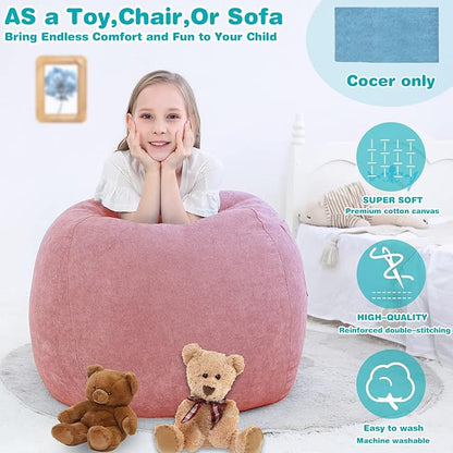 Stuffed Animal Storage Bean Bag Chair Cover (No Filler) for Kids and Adults.Soft Premium Corduroy Stuffable Beanbag for Organizing Children Plush Toys or Memory Foam Small 100L (Pink)