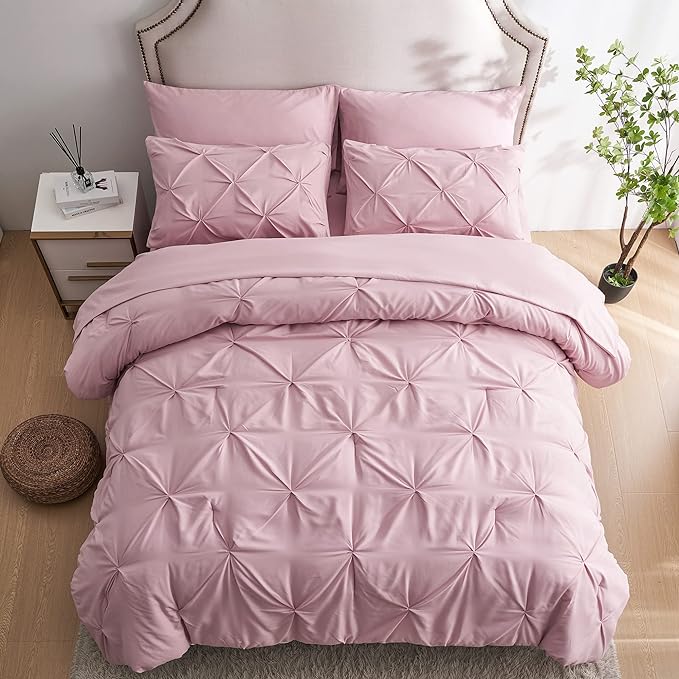 Ubauba 5pc Twin Comforter Set for Girls with Sheets, Blush Pintuck 5 Piece Bed in a Bag Set, Soft Pinched Pleat All Season Twin Size Bedding Sets (Pink,Twin)