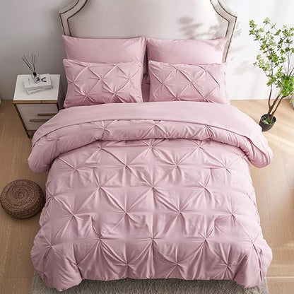 Ubauba 5pc Twin Comforter Set for Girls with Sheets, Blush Pintuck 5 Piece Bed in a Bag Set, Soft Pinched Pleat All Season Twin Size Bedding Sets (Pink,Twin)