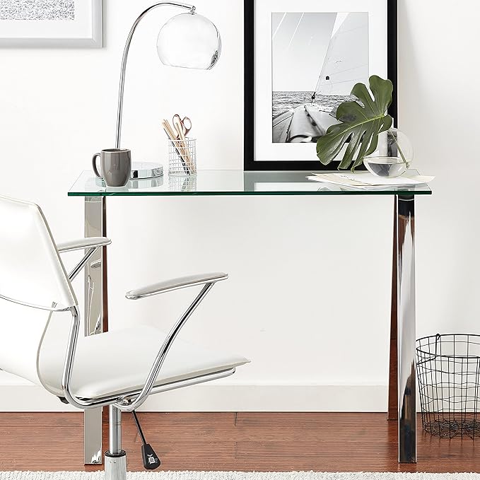 Cortesi Home Trixie Glass Top Desk/Console Table with Stainless Steel Frame, 40"