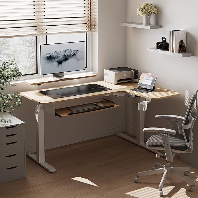 EUREKA ERGONOMIC Standing Desk Adjustable Height 61" Electric Sit Stand Computer Desk L Shaped with Keyboard Tray,Monitor Stand &LED, Dual Motor Memory Presets Sit to Desk Adjustable Desk, Right/Maple
