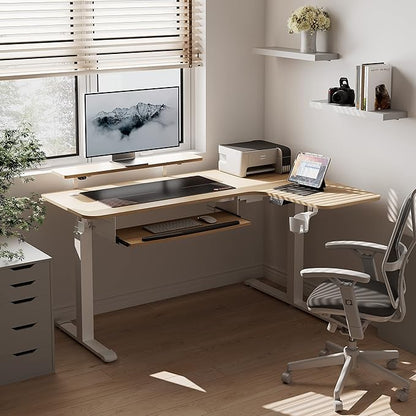 EUREKA ERGONOMIC Standing Desk Adjustable Height 61" Electric Sit Stand Computer Desk L Shaped with Keyboard Tray,Monitor Stand &LED, Dual Motor Memory Presets Sit to Desk Adjustable Desk, Right/Maple