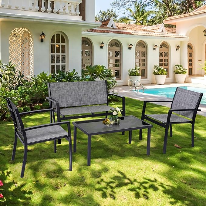 4 Pieces Patio Furniture Set Outdoor Garden Patio Conversation Sets Poolside Lawn Chairs with Tempered Glass Coffee Table Loveseat Porch Furniture Textilene Fabric Grey