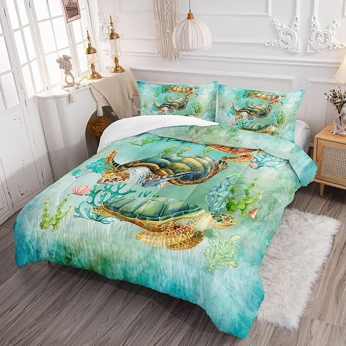 Datura home Sea Turtle Comforter Bedding Set for Kids Teens Adults,Watercolor Sea Turtle Light-Green and Blue Coral Seaweed Ocean Themed Comforter with 2 Pillowcases(Turtle Twin),Green Turtle