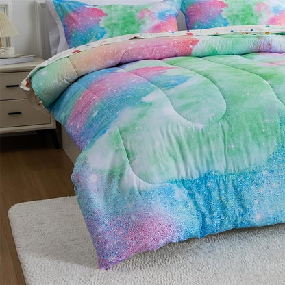 A Nice Night Galaxy Bedding Sets Outer Space Comforter 3D Printed Space Quilt Set Queen Size Glitter Pink Green Color,for Children Boy Girl Teen Kids